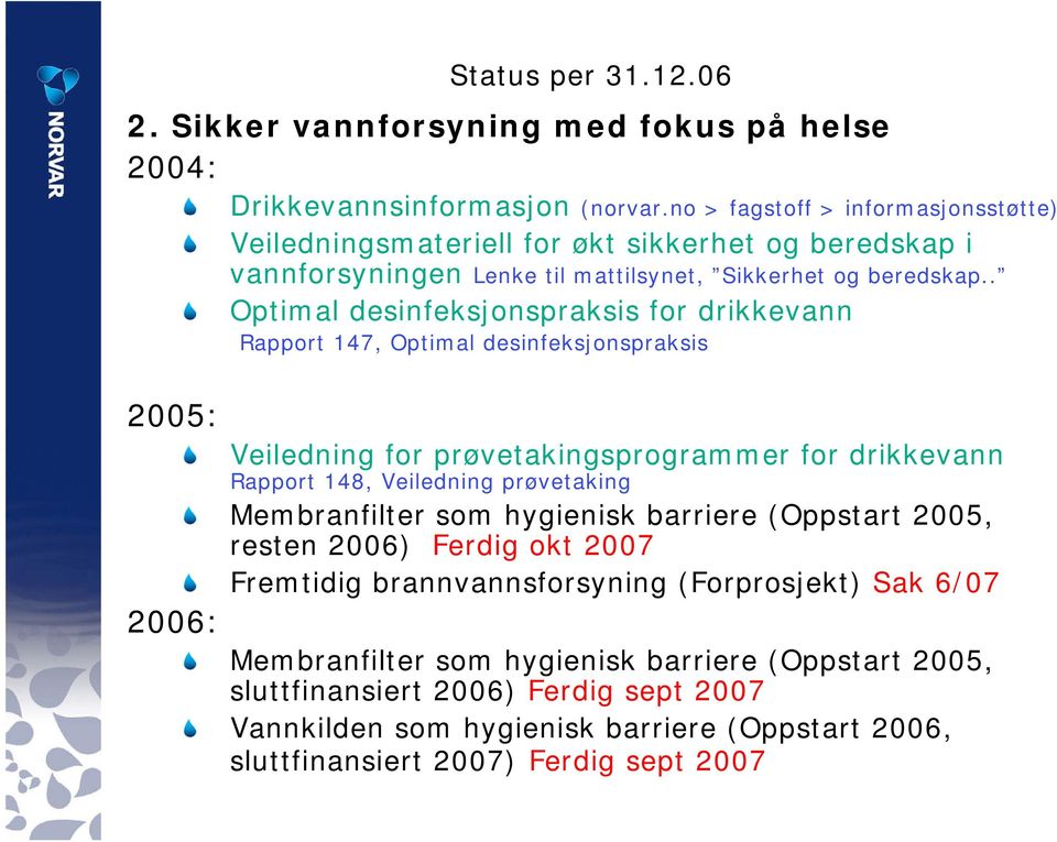 . Optimal desinfeksjonspraksis for drikkevann Rapport 147, Optimal desinfeksjonspraksis 2005: 2006: Veiledning for prøvetakingsprogrammer for drikkevann Rapport 148, Veiledning prøvetaking