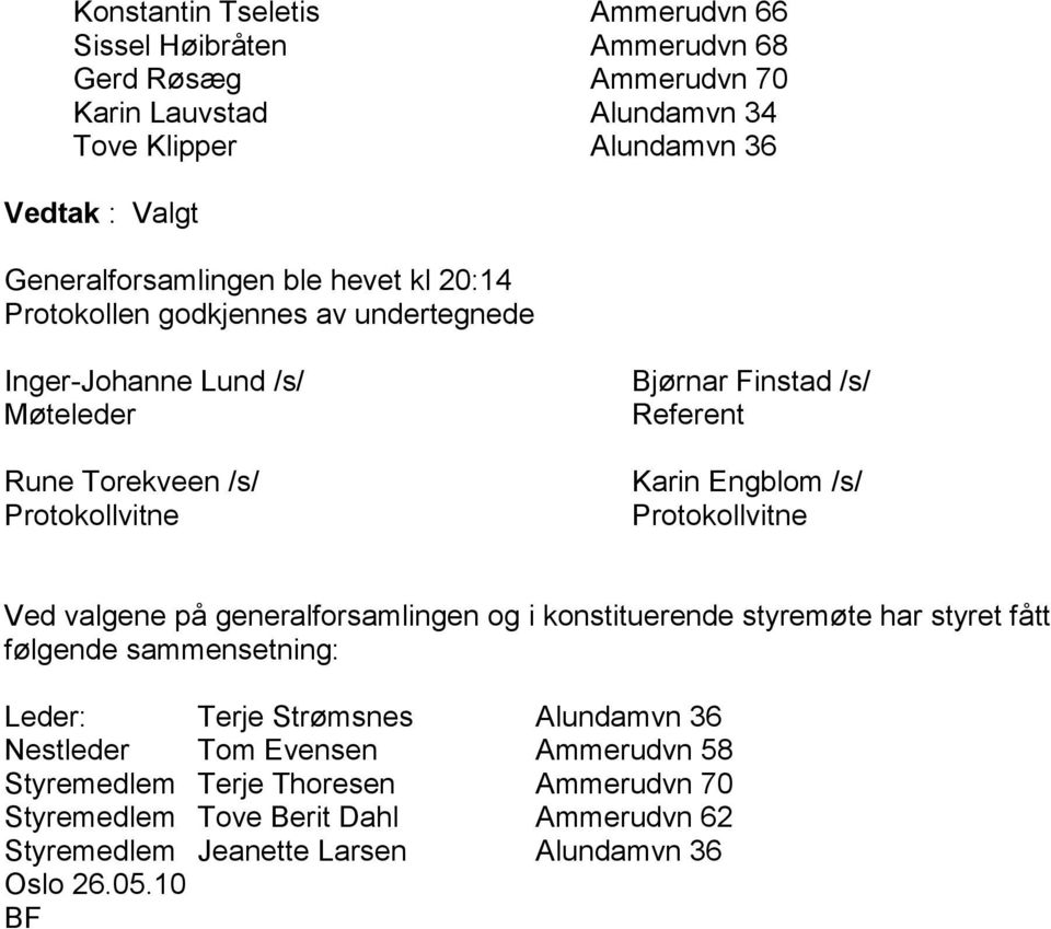 /s/ Protokollvitne Ved valgene på generalforsamlingen og i konstituerende styremøte har styret fått følgende sammensetning: Leder: Terje Strømsnes Alundamvn 36