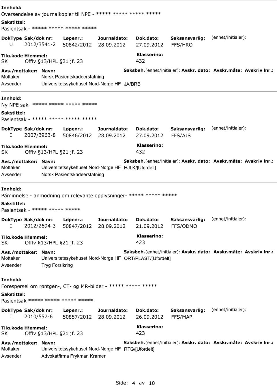 : Mottaker niversitetssykehuset Nord-Norge HF HJLK/[fordelt] Norsk Pasientskadeerstatning Påminnelse - anmodning om relevante opplysninger- ***** ***** ***** 2012/2694-3 50847/2012 21.09.