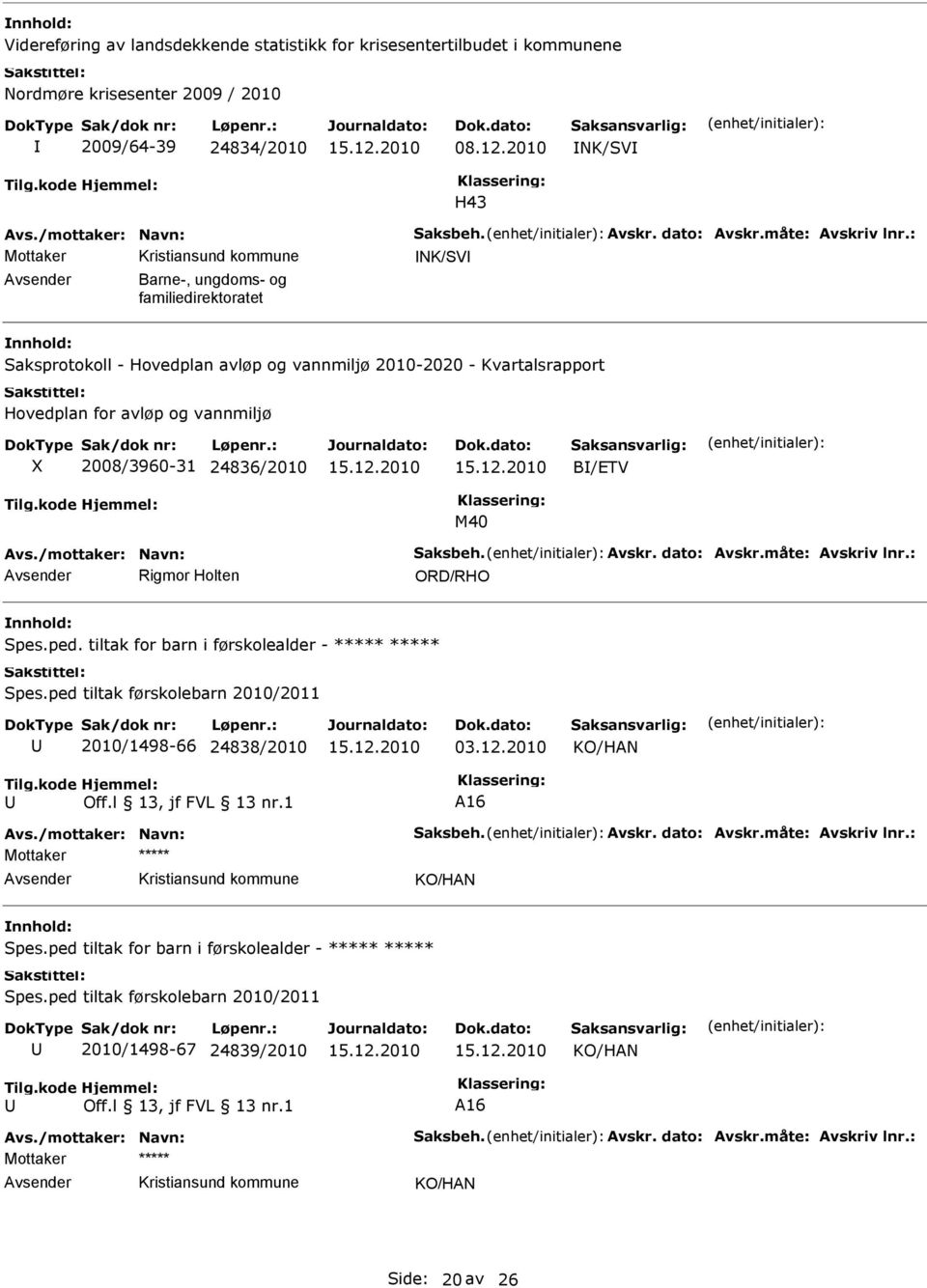 : Mottaker NK/SV Barne-, ungdoms- og familiedirektoratet Saksprotokoll - Hovedplan avløp og vannmiljø 2010-2020 - Kvartalsrapport Hovedplan for avløp og vannmiljø X 2008/3960-31 24836/2010 B/TV M40