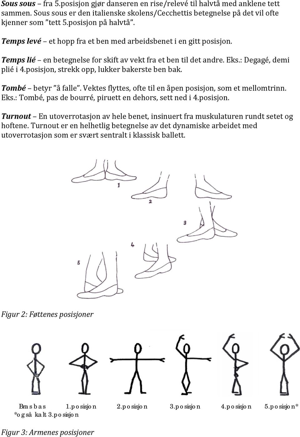 posisjon, strekk opp, lukker bakerste ben bak. Tombé betyr å falle. Vektes flyttes, ofte til en åpen posisjon, som et mellomtrinn. Eks.: Tombé, pas de bourré, piruett en dehors, sett ned i 4.posisjon. Turnout En utoverrotasjon av hele benet, insinuert fra muskulaturen rundt setet og hoftene.