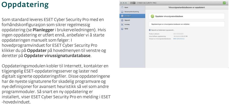 deretter på Oppdater virussignaturdatabase. Oppdateringsmodulen kobler til Internett, kontakter en tilgjengelig ESET-oppdateringsserver og laster ned digitalt signerte oppdateringsfiler.