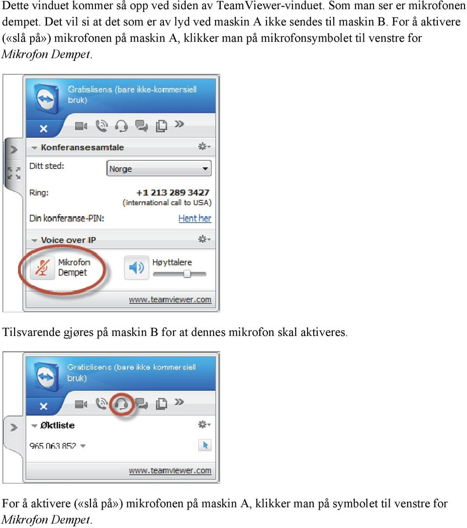 For å aktivere («slå på») mikrofonen på maskin A, klikker man på mikrofonsymbolet til venstre for Mikrofon Dempet.