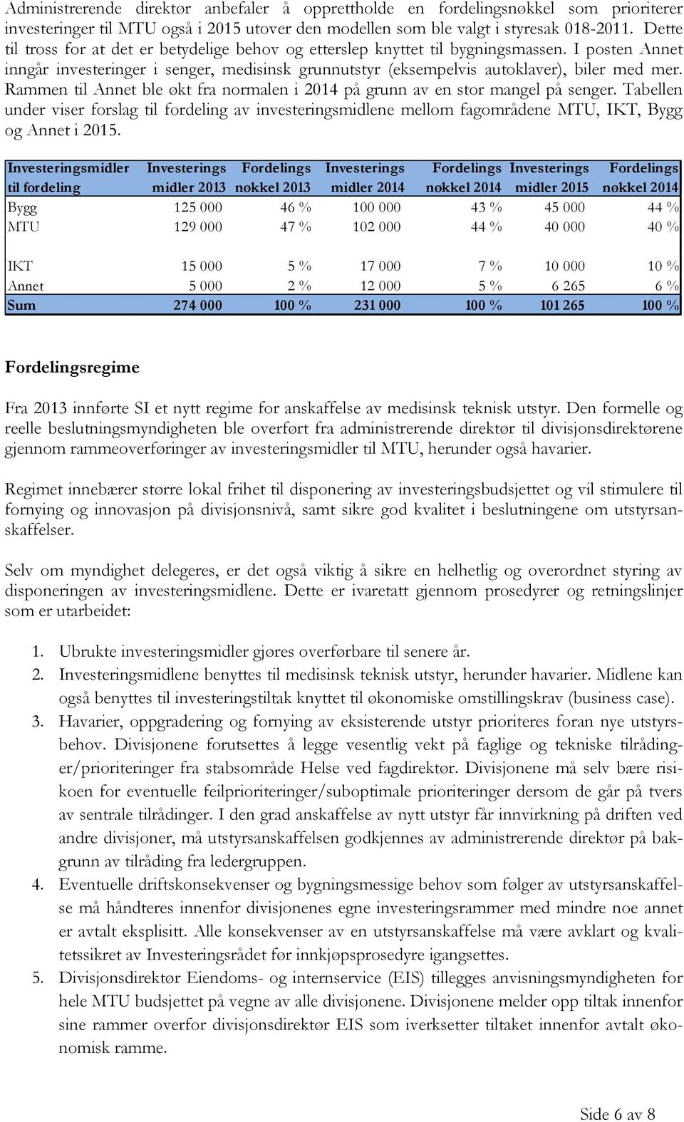 Rammen til Annet ble økt fra normalen i 2014 på grunn av en stor mangel på senger. Tabellen under viser forslag til fordeling av investeringsmidlene mellom fagområdene MTU, IKT, Bygg og Annet i 2015.