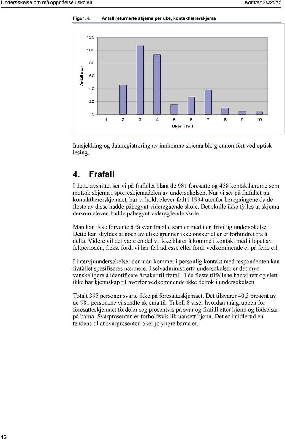 lesing. 4. Frafall I dette avsnittet ser vi på frafallet blant de 981 foresatte og 458 kontaktlærerne som mottok skjema i spørreskjemadelen av undersøkelsen.