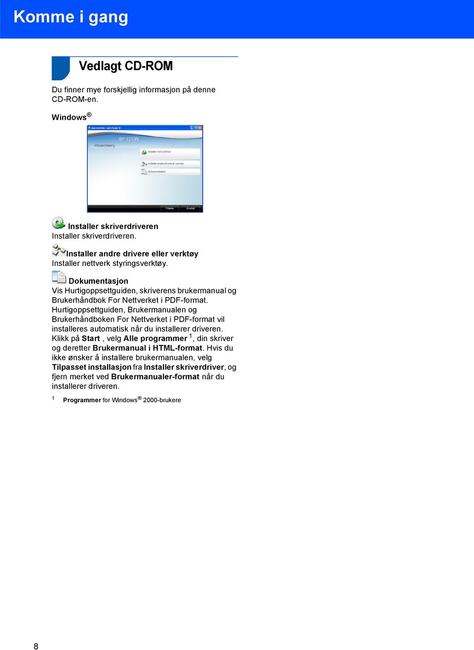 Hurtigoppsettguiden, Brukermanualen og Brukerhåndboken For Nettverket i PDF-format vil installeres automatisk når du installerer driveren.