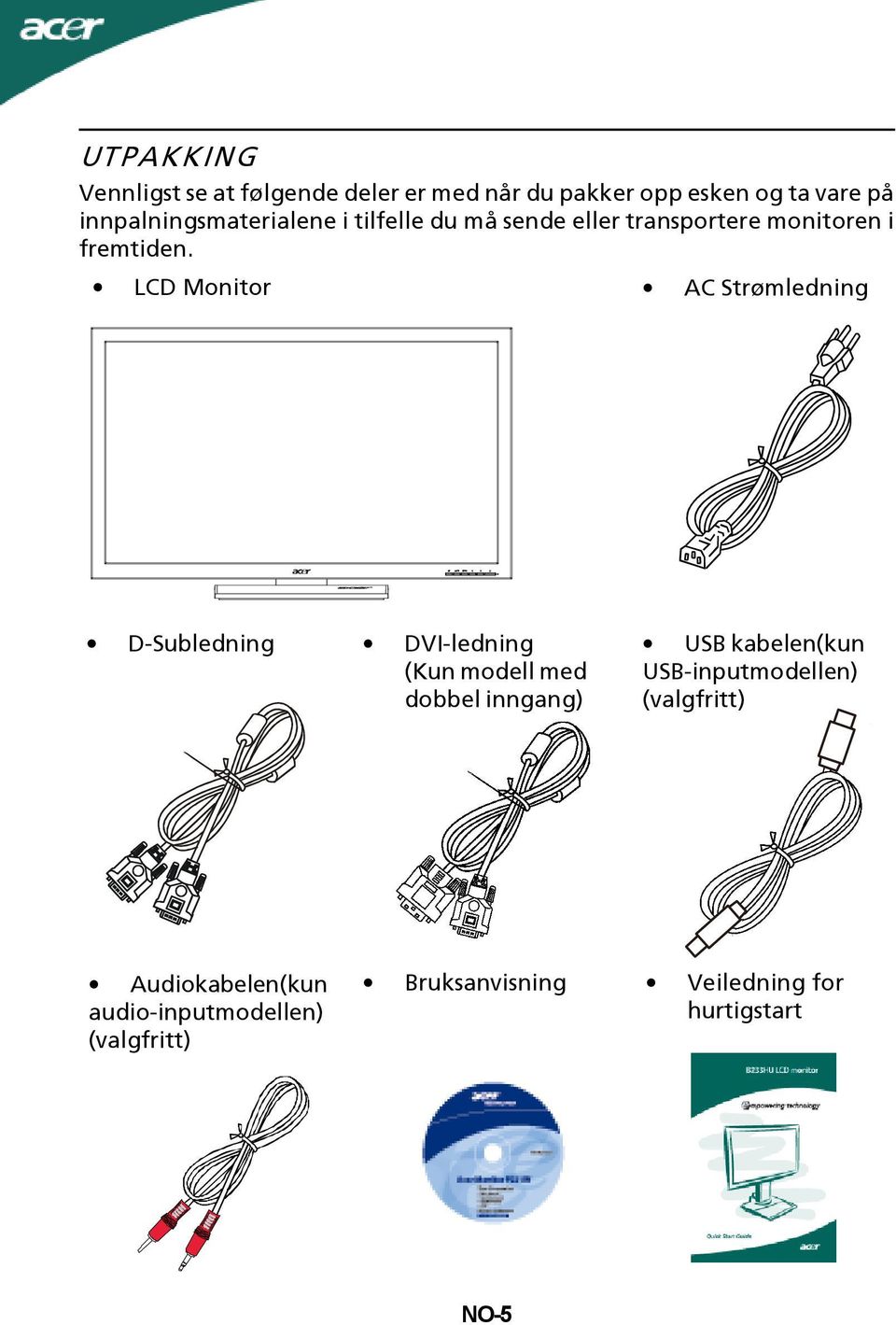 LCD Monitor AC Strømledning D-Subledning DVI-ledning (Kun modell med dobbel inngang) USB kabelen(kun