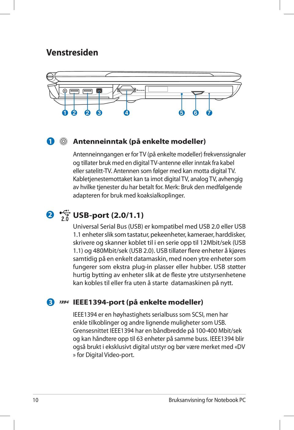 Merk: Bruk den medfølgende adapteren for bruk med koaksialkoplinger. USB-port (2.0/1.1) Universal Serial Bus (USB) er kompatibel med USB 2.0 eller USB 1.