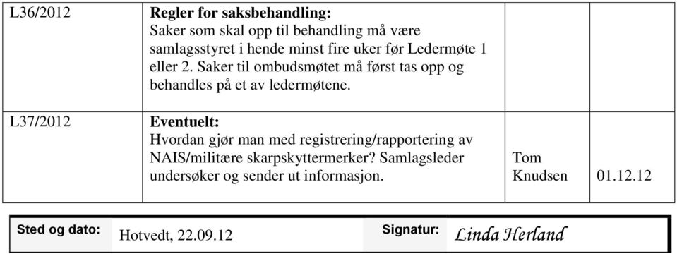 L37/2012 Eventuelt: Hvordan gjør man med registrering/rapportering av NAIS/militære skarpskyttermerker?