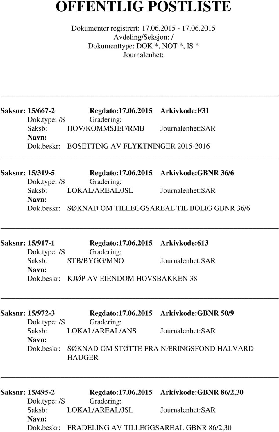 beskr: KJØP AV EIENDOM HOVSBAKKEN 38 Saksnr: 15/972-3 Regdato:17.06.2015 Arkivkode:GBNR 50/9 Saksb: LOKAL/AREAL/ANS SAR Dok.