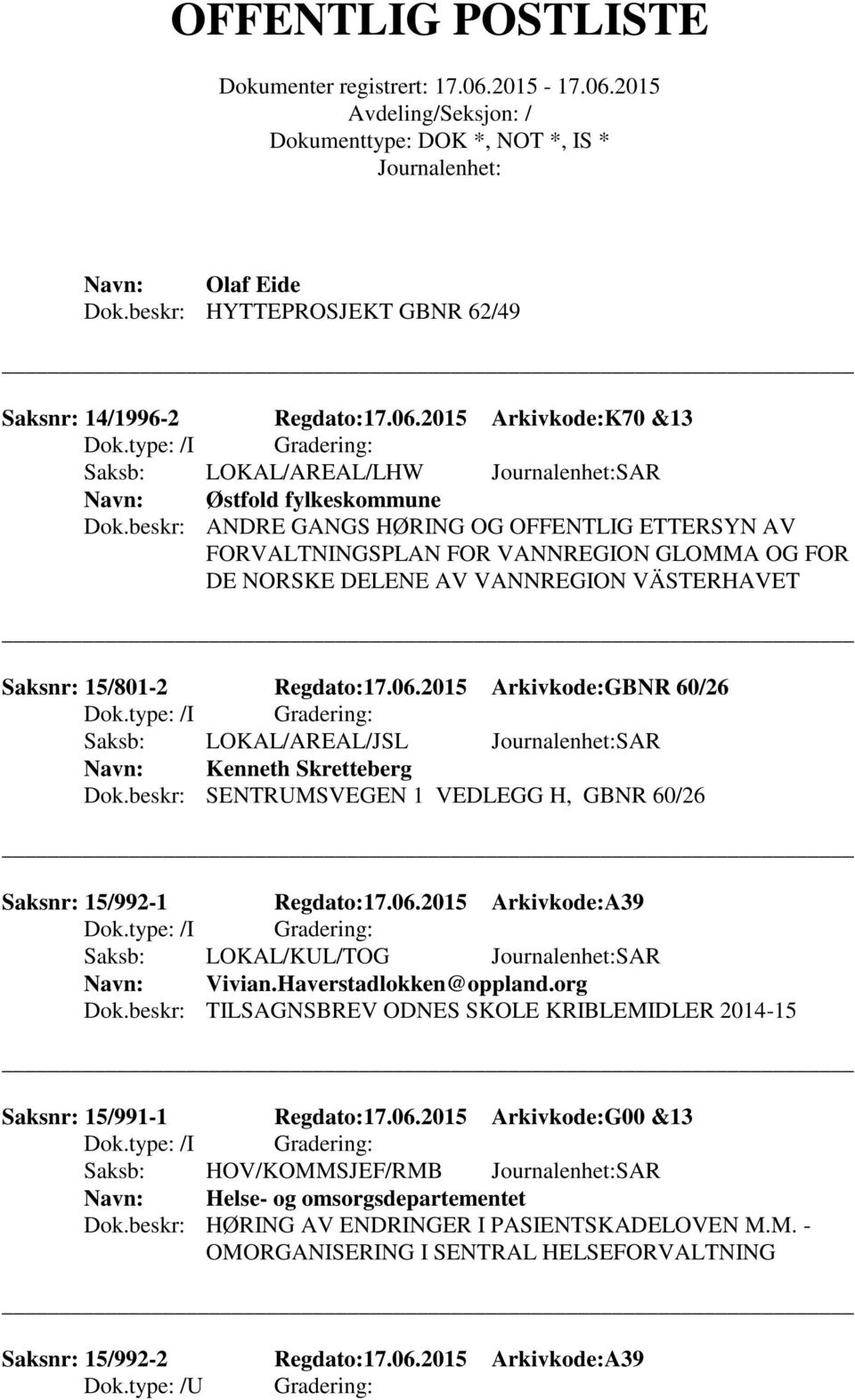 2015 Arkivkode:GBNR 60/26 Saksb: LOKAL/AREAL/JSL SAR Kenneth Skretteberg Dok.beskr: SENTRUMSVEGEN 1 VEDLEGG H, GBNR 60/26 Saksnr: 15/992-1 Regdato:17.06.