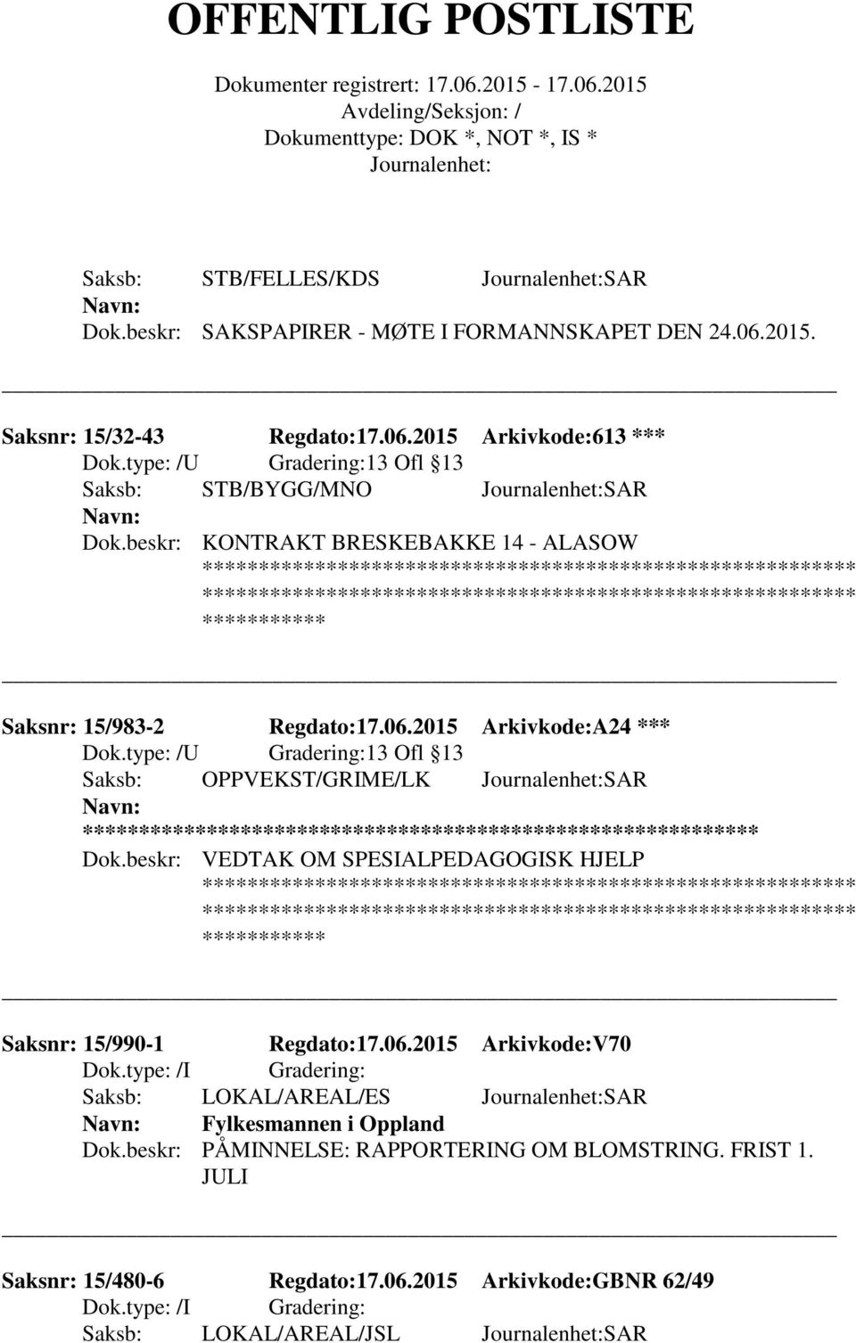 type: /U Gradering:13 Ofl 13 Saksb: OPPVEKST/GRIME/LK SAR ** Dok.beskr: VEDTAK OM SPESIALPEDAGOGISK HJELP Saksnr: 15/990-1 Regdato:17.06.