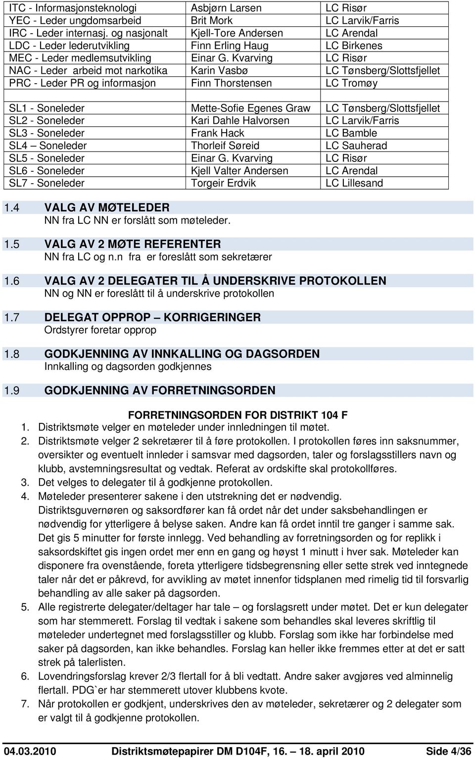 Kvarving LC Risør NAC - Leder arbeid mot narkotika Karin Vasbø LC Tønsberg/Slottsfjellet PRC - Leder PR og informasjon Finn Thorstensen LC Tromøy SL1 - Soneleder Mette-Sofie Egenes Graw LC