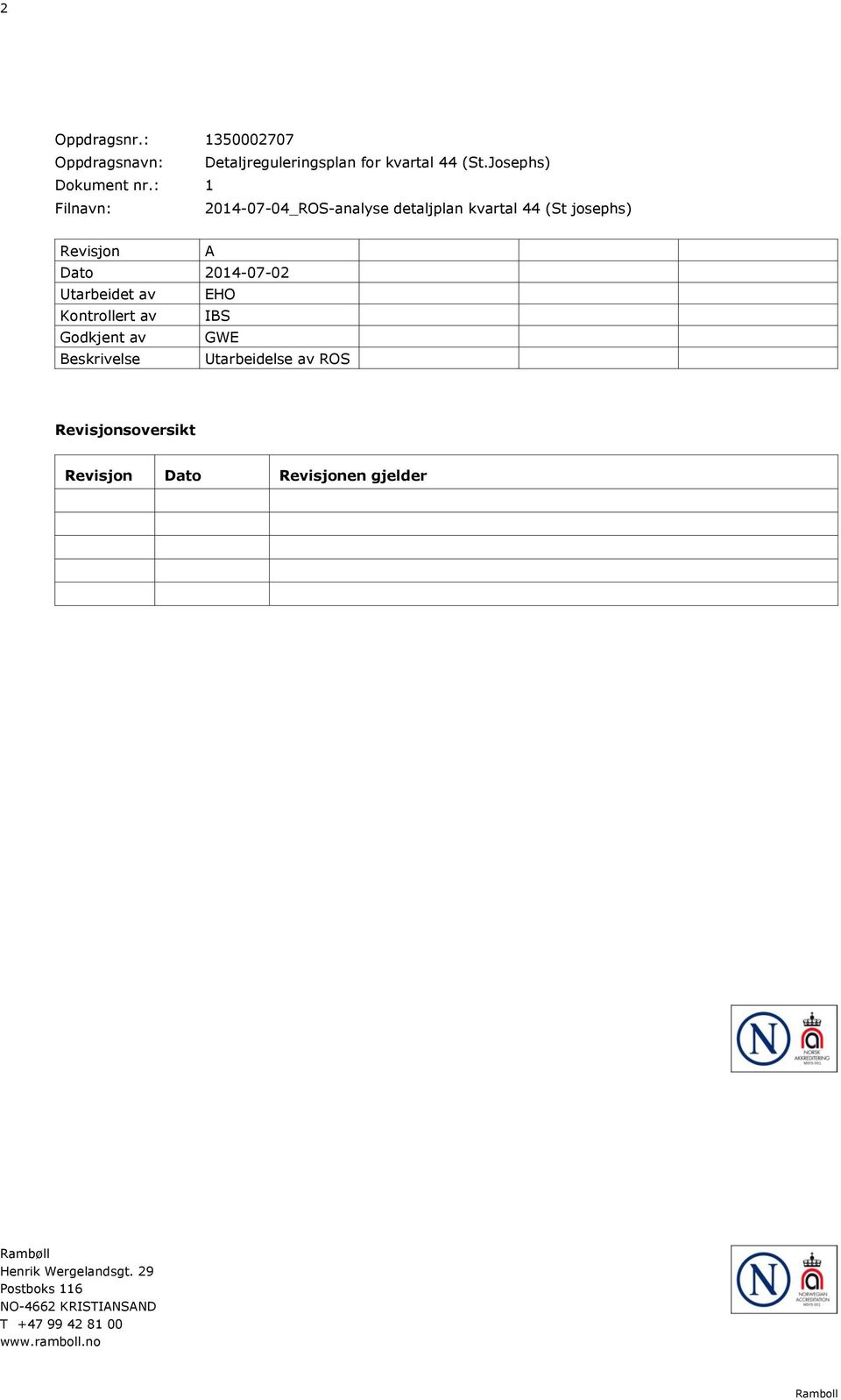 av EHO Kontrollert av IBS Godkjent av GWE Beskrivelse Utarbeidelse av ROS Revisjonsoversikt Revisjon Dato