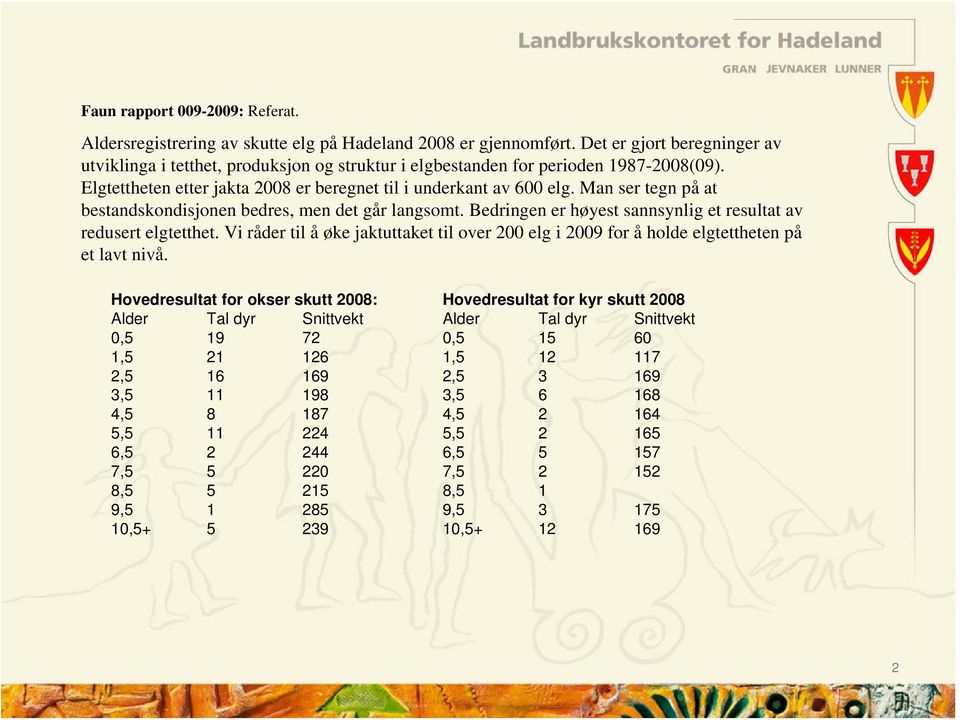 Man ser tegn på at bestandskondisjonen bedres, men det går langsomt. Bedringen er høyest sannsynlig et resultat av redusert elgtetthet.