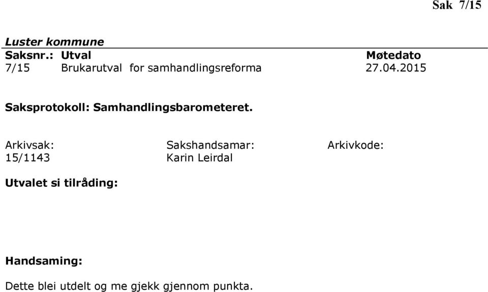 2015 Saksprotokoll: Samhandlingsbarometeret.