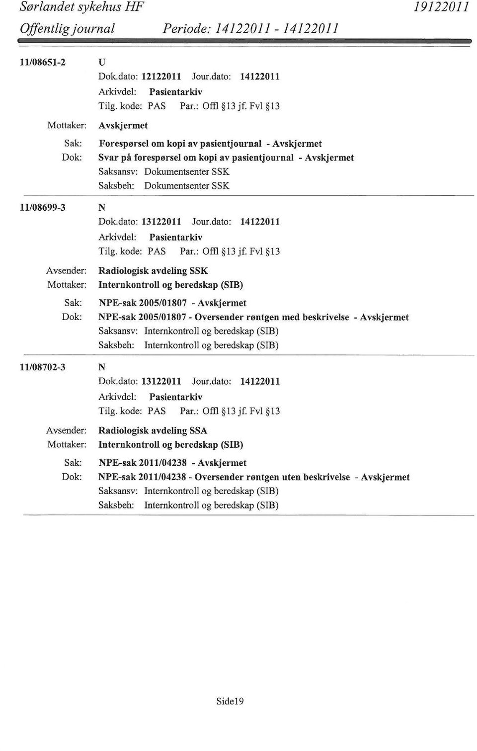 Fvl 13 Radiologisk avdeling SSK Internkontroll og beredskap (Sffi) NPE-sak 2005/01807 - NPE-sak 2005/01807- Oversender røntgen med beskrivelse - Saksansv: Internkontroll og beredskap (SIB) Saksbeh: