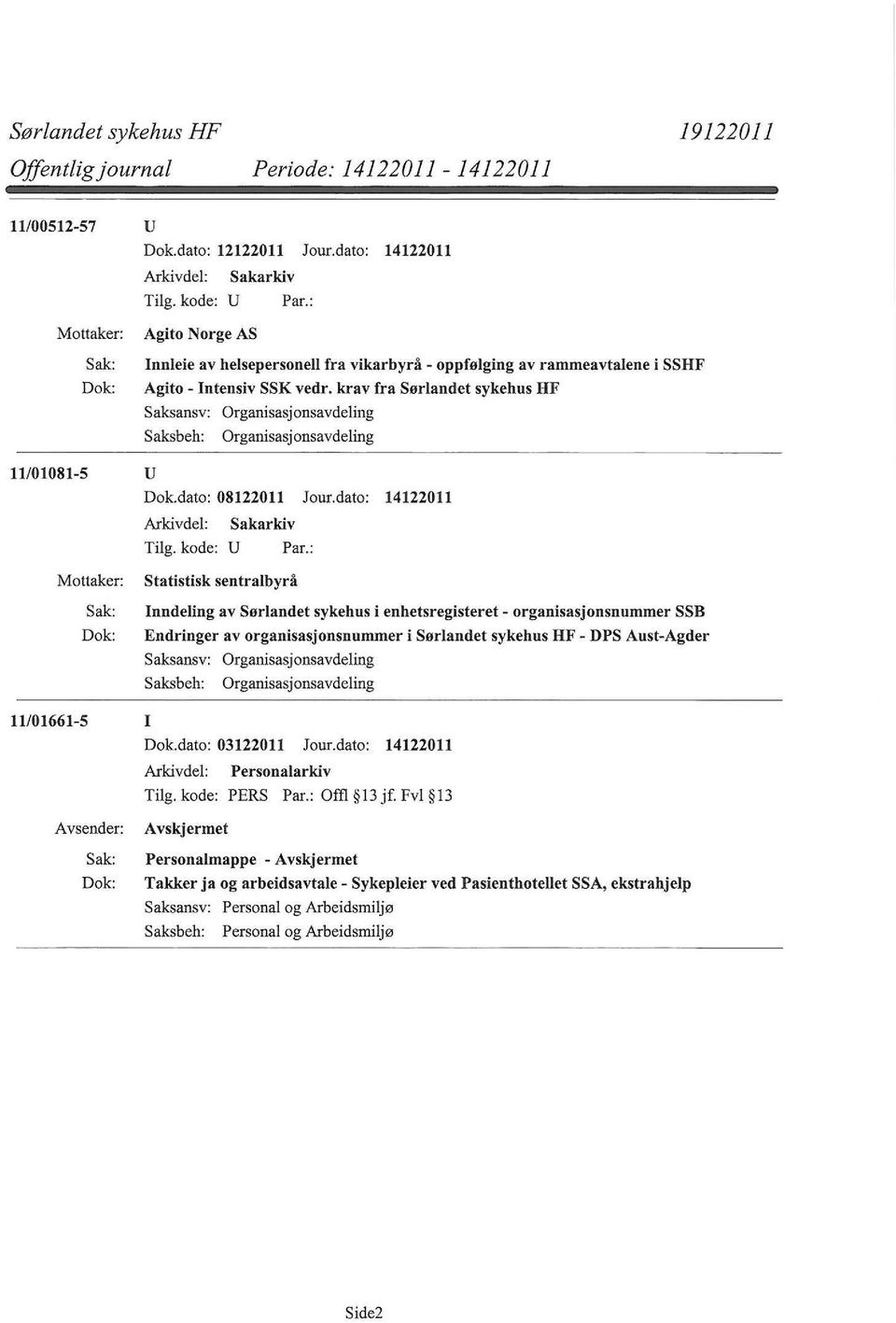 dato: 14122011 Statistisk sentralbyrå Inndeling av Sørlandet sykehus i enhetsregisteret - organisasjonsnummer SSB Endringer av organisasjonsnummer i Sørlandet sykehus HF- DPS