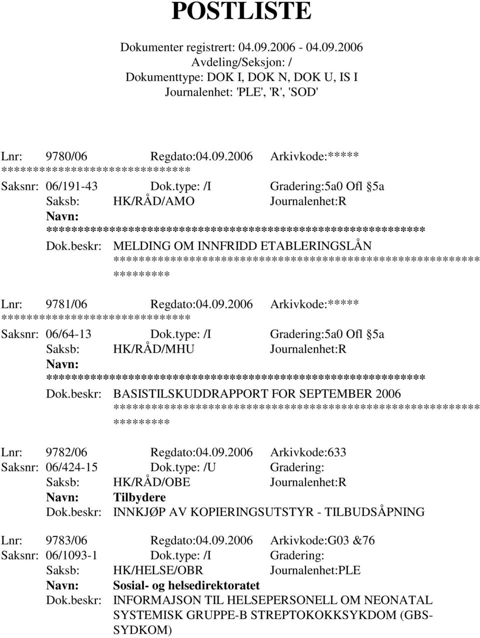 type: /U Gradering: Tilbydere Dok.beskr: INNKJØP AV KOPIERINGSUTSTYR - TILBUDSÅPNING Lnr: 9783/06 Regdato:04.09.2006 Arkivkode:G03 &76 Saksnr: 06/1093-1 Dok.