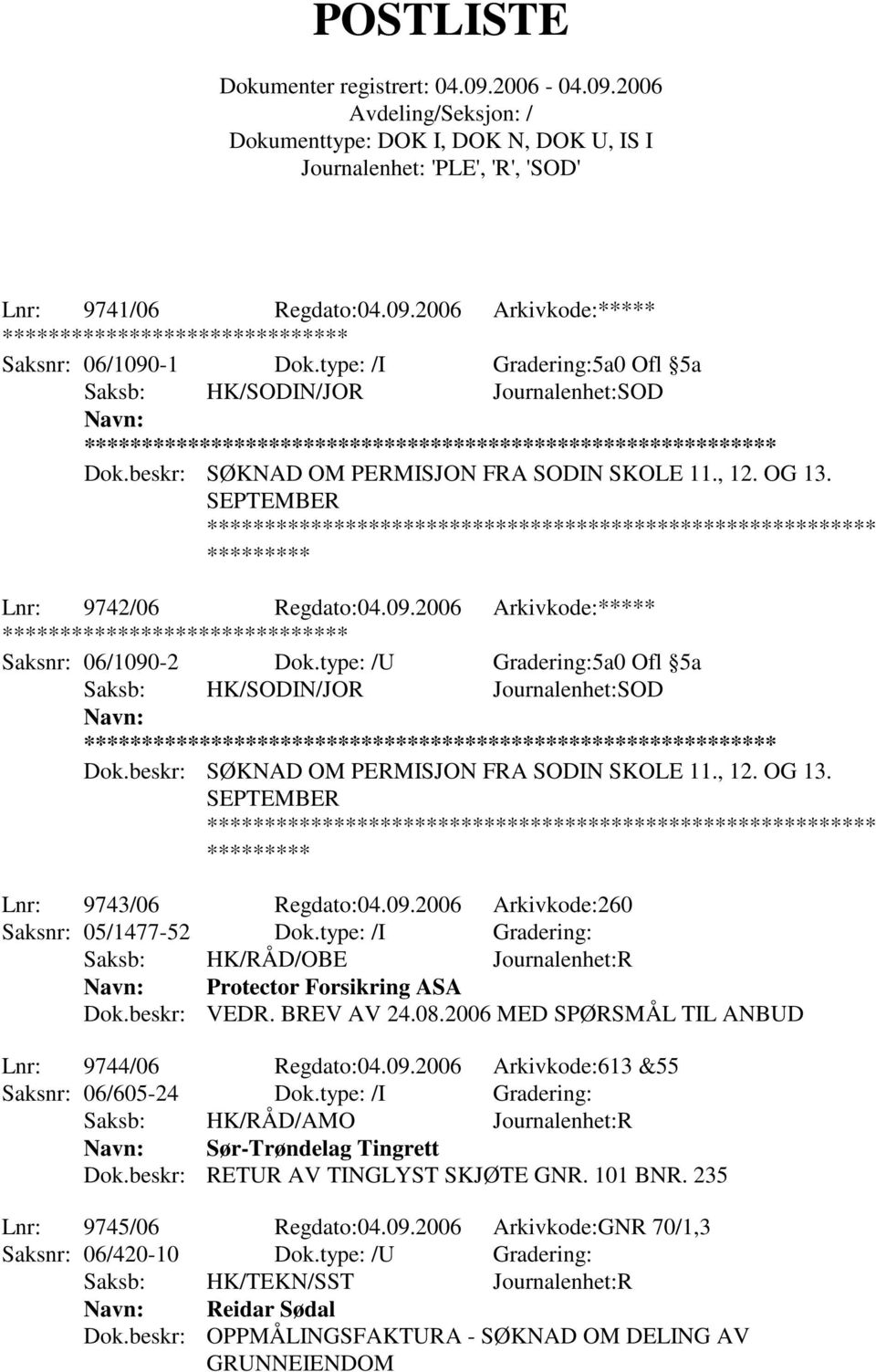 beskr: SØKNAD OM PERMISJON FRA SODIN SKOLE 11., 12. OG 13. SEPTEMBER **** Lnr: 9743/06 Regdato:04.09.2006 Arkivkode:260 Saksnr: 05/1477-52 Dok.type: /I Gradering: Protector Forsikring ASA Dok.