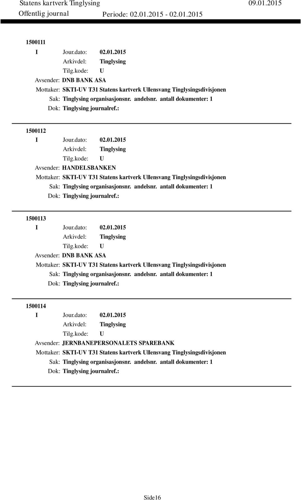 antall dokumenter: 1 Dok: journalref.: 1500113 I Jour.dato: 02.01.2015 Avsender: DNB BANK ASA Mottaker: SKTI-V T31 Statens kartverk llensvang sdivisjonen organisasjonsnr. andelsnr.