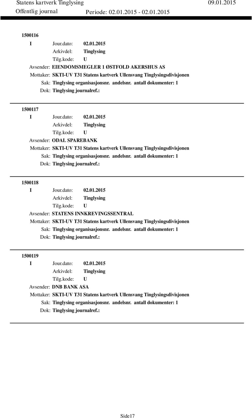 antall dokumenter: 1 Dok: journalref.: 1500118 I Jour.dato: 02.01.2015 Avsender: STATENS INNKREVINGSSENTRAL Mottaker: SKTI-V T31 Statens kartverk llensvang sdivisjonen organisasjonsnr. andelsnr.