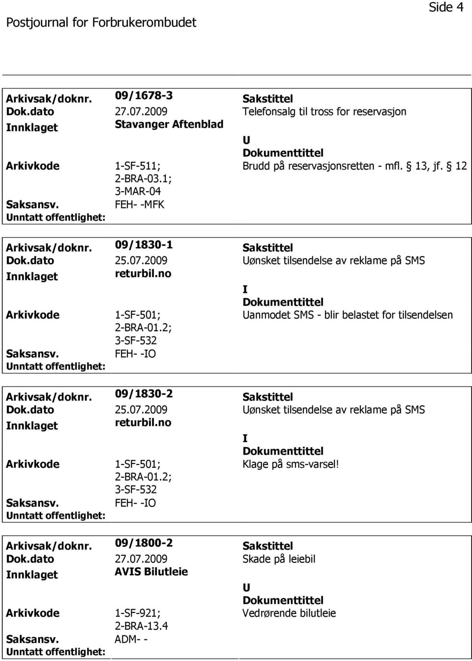 2; 3-SF-532 anmodet SMS - blir belastet for tilsendelsen Saksansv. FEH- -O Arkivsak/doknr. 09/1830-2 Sakstittel Dok.dato 25.07.2009 ønsket tilsendelse av reklame på SMS nnklaget returbil.