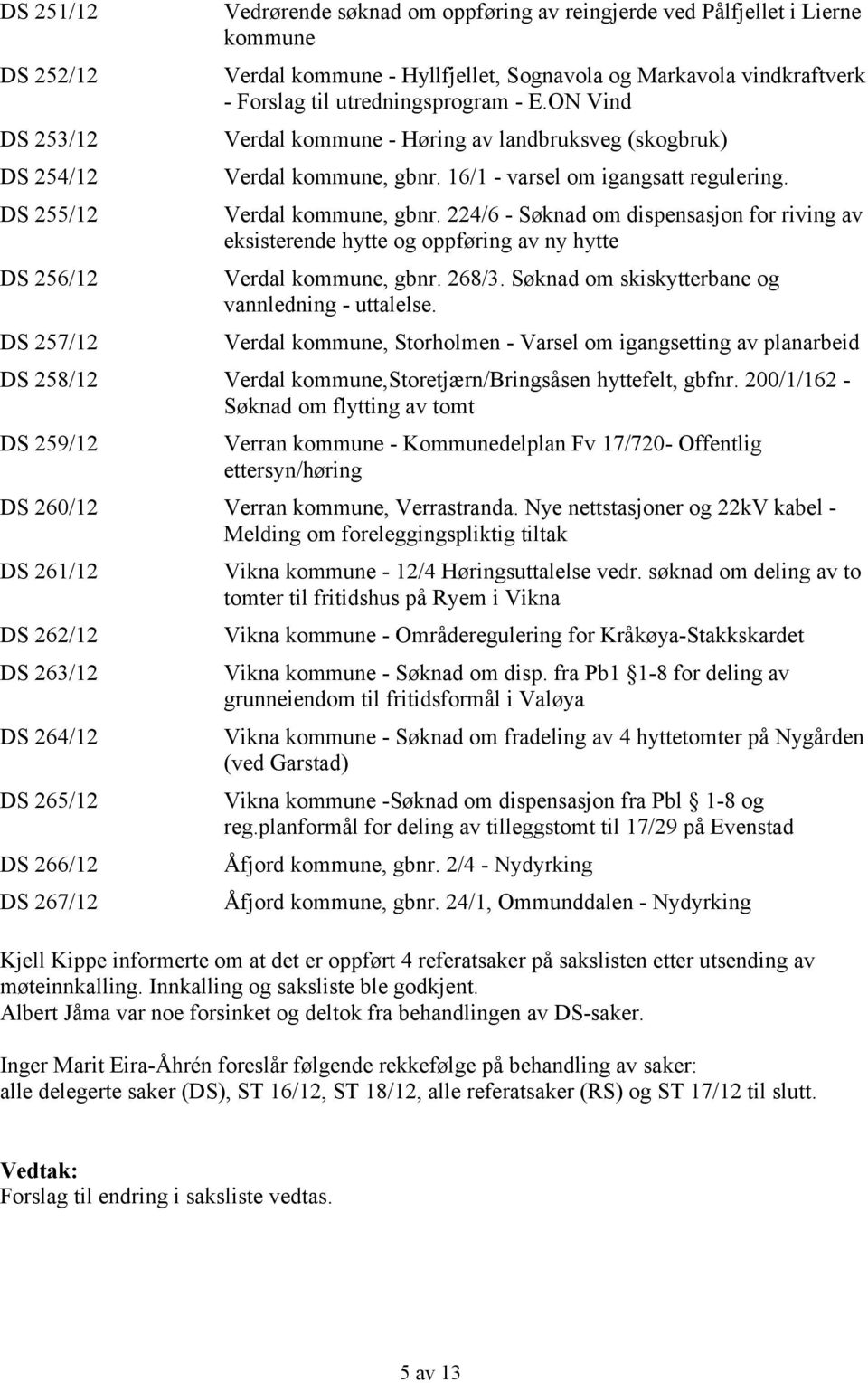 16/1 - varsel om igangsatt regulering. Verdal kommune, gbnr. 224/6 - Søknad om dispensasjon for riving av eksisterende hytte og oppføring av ny hytte Verdal kommune, gbnr. 268/3.