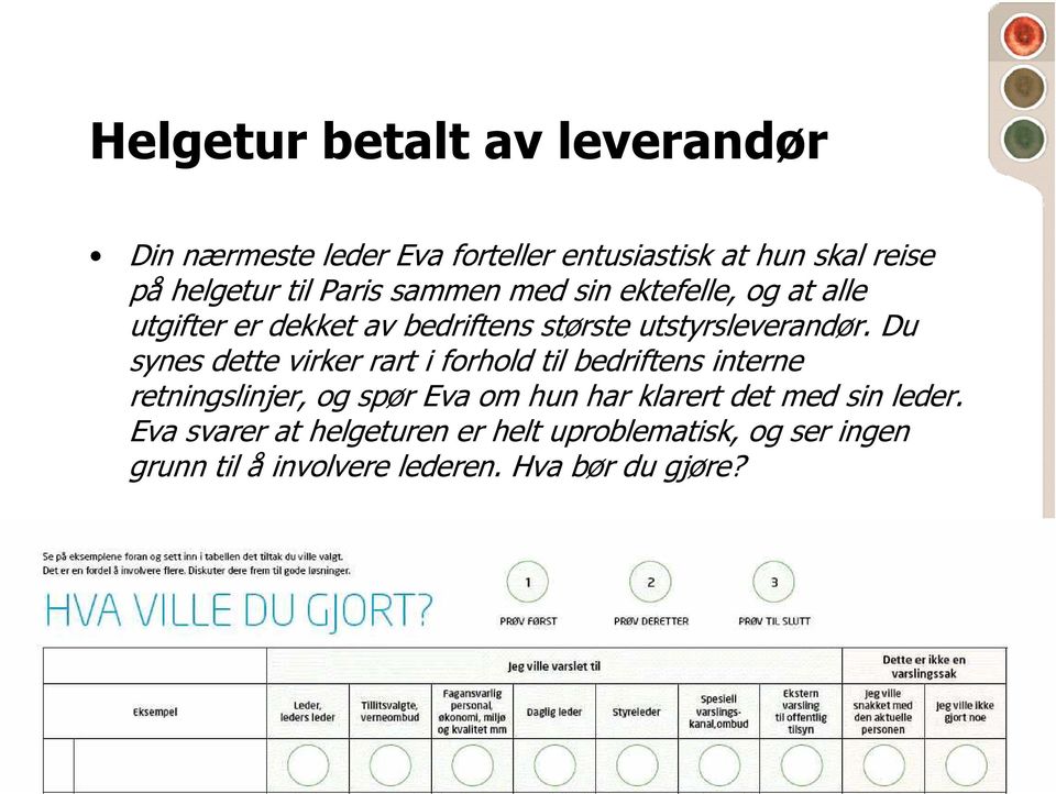 Du synes dette virker rart i forhold til bedriftens interne retningslinjer, og spør Eva om hun har klarert det