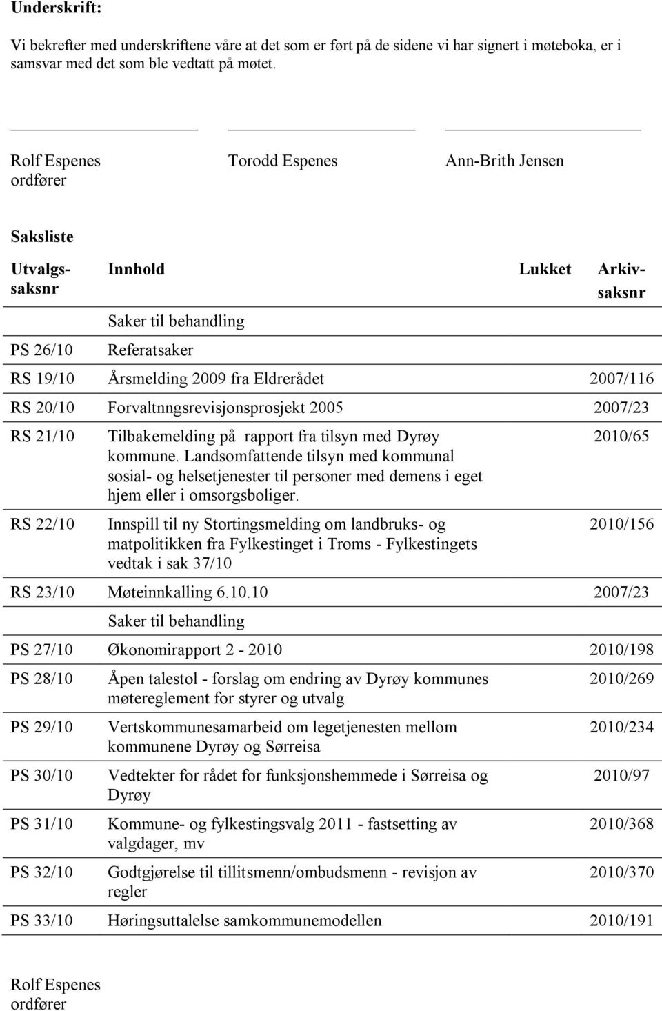 20/10 Forvaltnngsrevisjonsprosjekt 2005 2007/23 RS 21/10 RS 22/10 Tilbakemelding på rapport fra tilsyn med Dyrøy kommune.