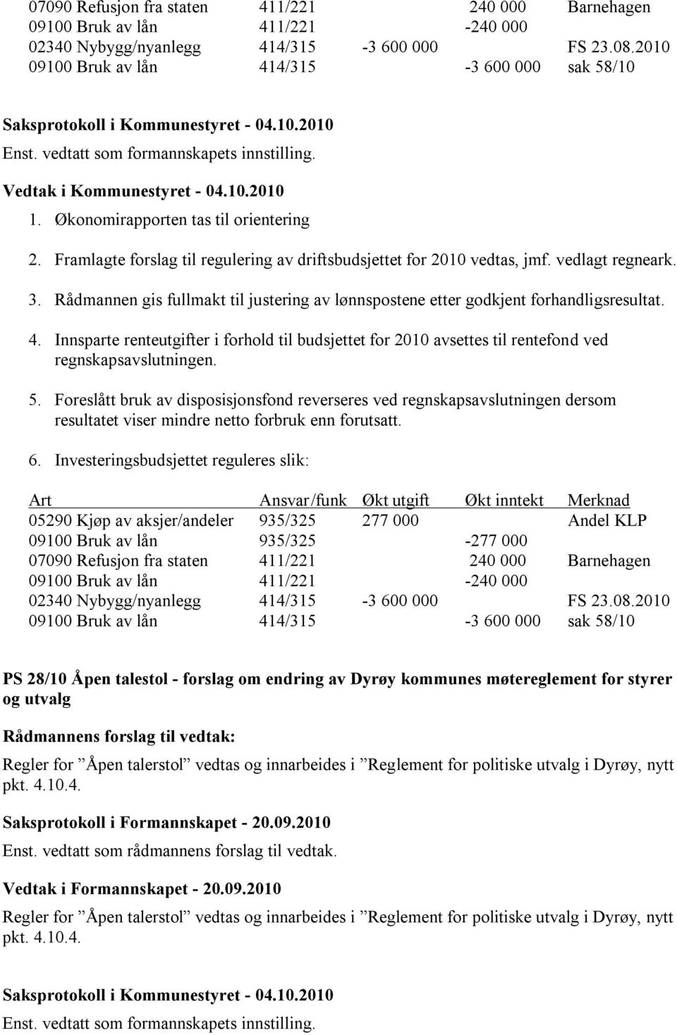 Rådmannen gis fullmakt til justering av lønnspostene etter godkjent forhandligsresultat. 4. Innsparte renteutgifter i forhold til budsjettet for 2010 avsettes til rentefond ved regnskapsavslutningen.