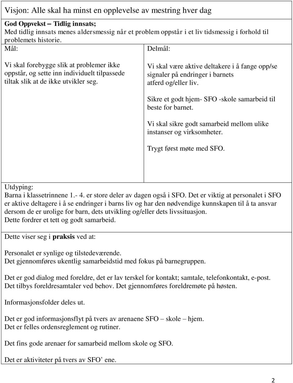 Vi skal være aktive deltakere i å fange opp/se signaler på endringer i barnets atferd og/eller liv. Sikre et godt hjem- SFO -skole samarbeid til beste for barnet.