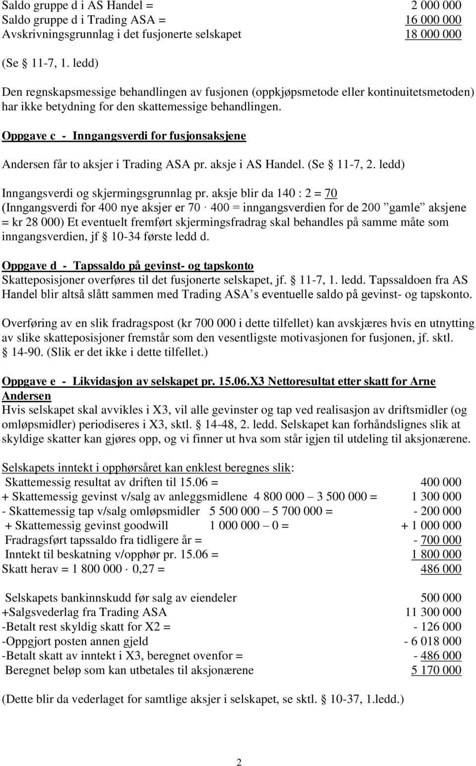 Oppgave c - Inngangsverdi for fusjonsaksjene Andersen får to aksjer i Trading ASA pr. aksje i AS Handel. (Se 11-7, 2. ledd) Inngangsverdi og skjermingsgrunnlag pr.