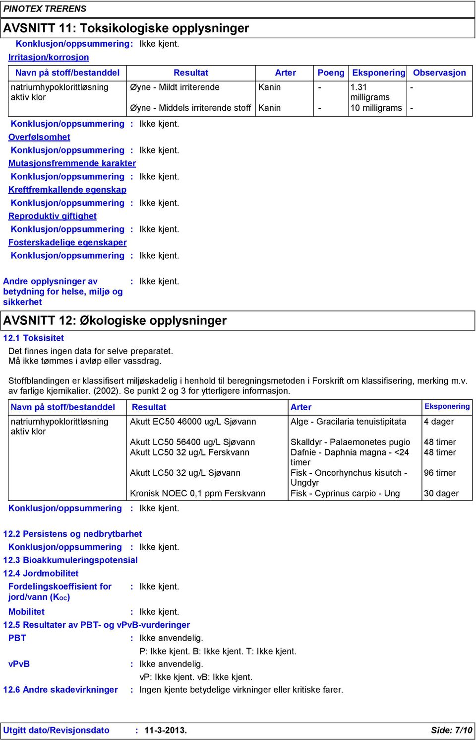 Konklusjon/oppsummering Fosterskadelige egenskaper Konklusjon/oppsummering Andre opplysninger av betydning for helse, miljø og sikkerhet Øyne - Mildt irriterende Kanin - 1.