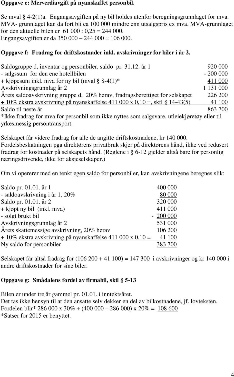 Oppgave f: Fradrag for driftskostnader inkl. avskrivninger for biler i år 2. Saldogruppe d, inventar og personbiler, saldo pr. 31.12.