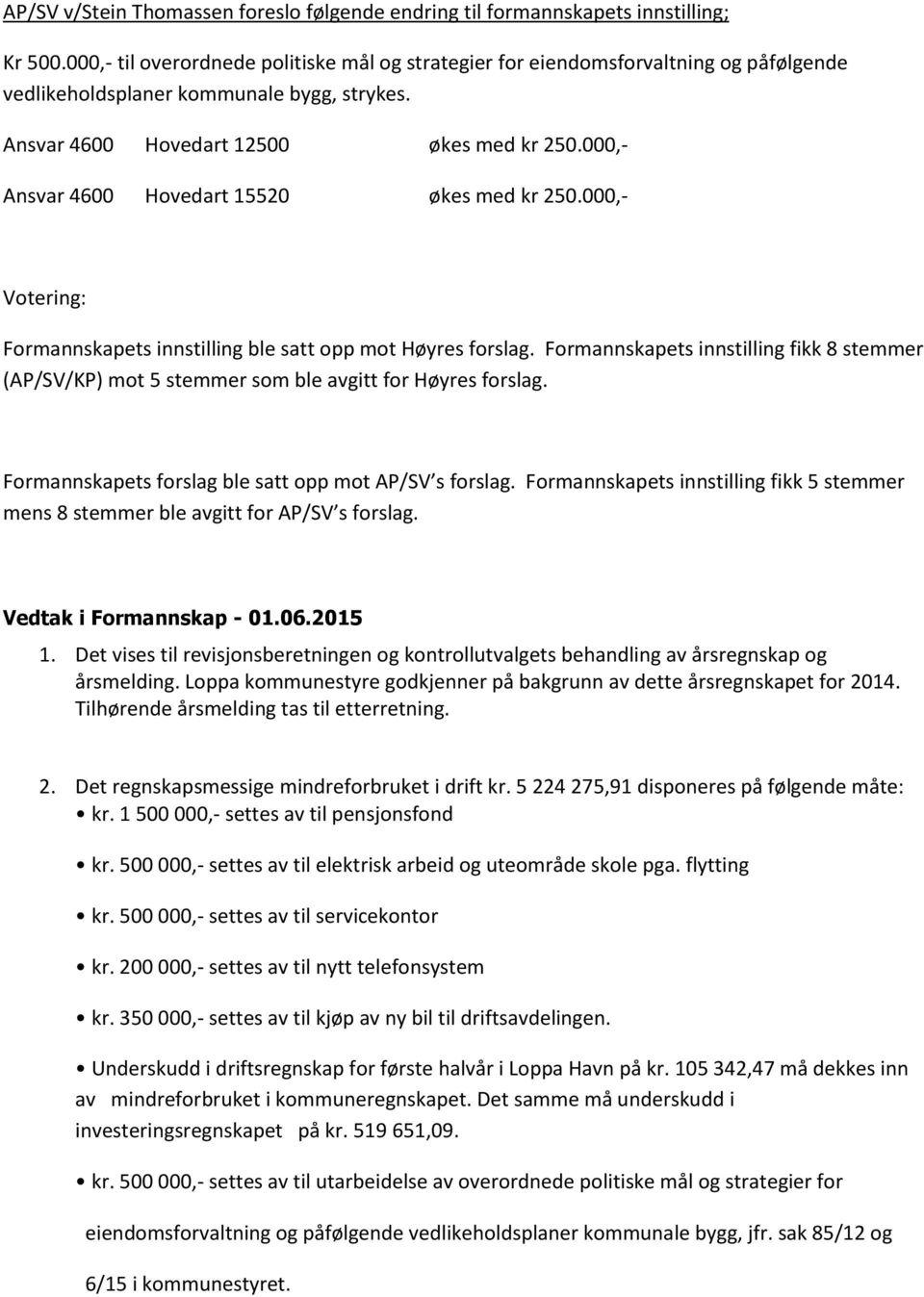 000,- Ansvar 4600 Hovedart 15520 økes med kr 250.000,- Votering: Formannskapets innstilling ble satt opp mot Høyres forslag.