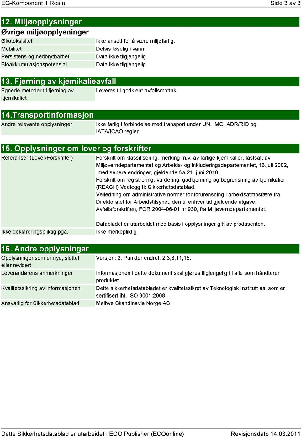 Transportinformasjon Andre relevante opplysninger Leveres til godkjent avfallsmottak. 15.