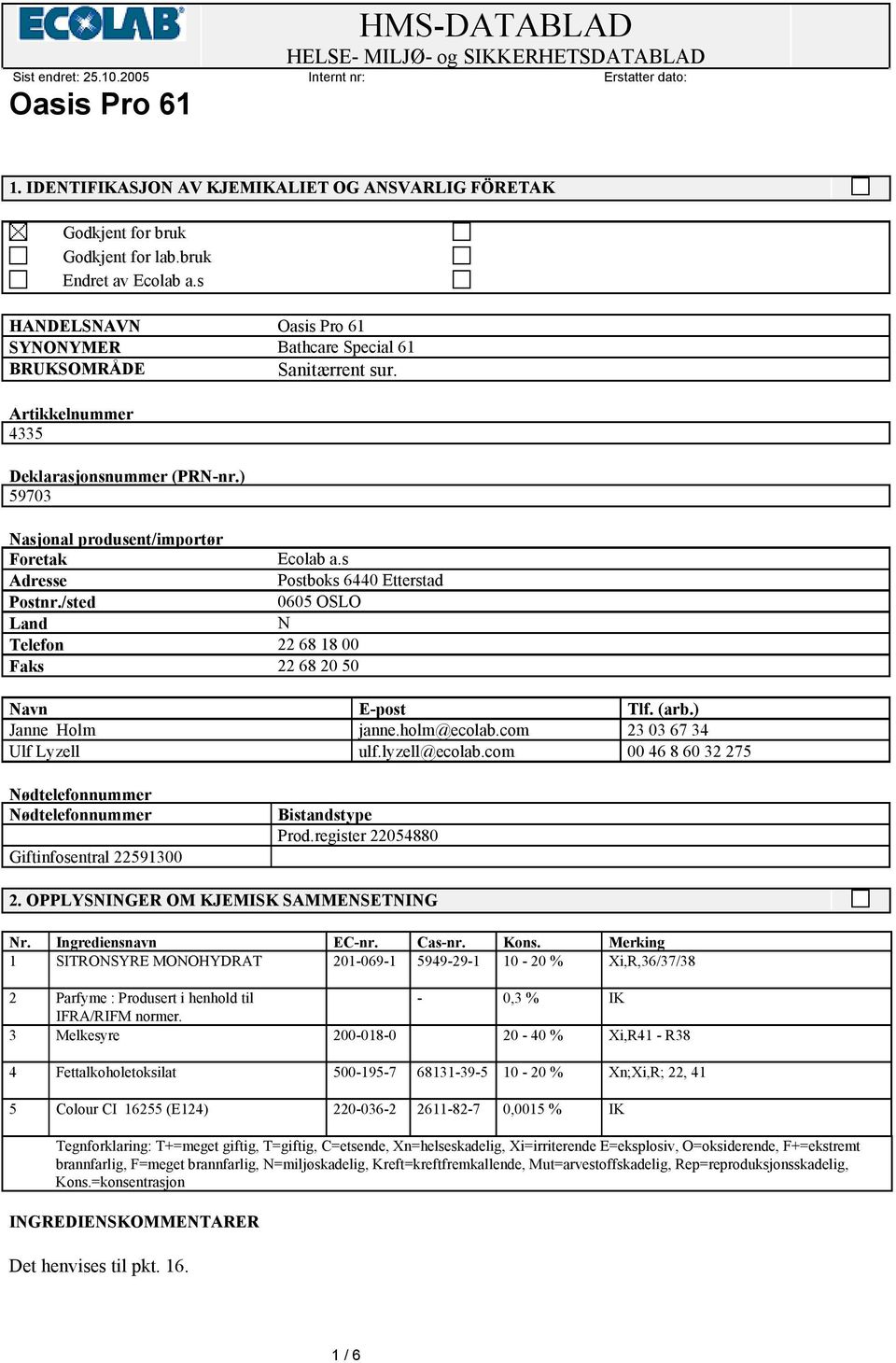 /sted 0605 OSLO Land N Telefon 22 68 18 00 Faks 22 68 20 50 Navn E-post Tlf. (arb.) Janne Holm janne.holm@ecolab.com 23 03 67 34 Ulf Lyzell ulf.lyzell@ecolab.