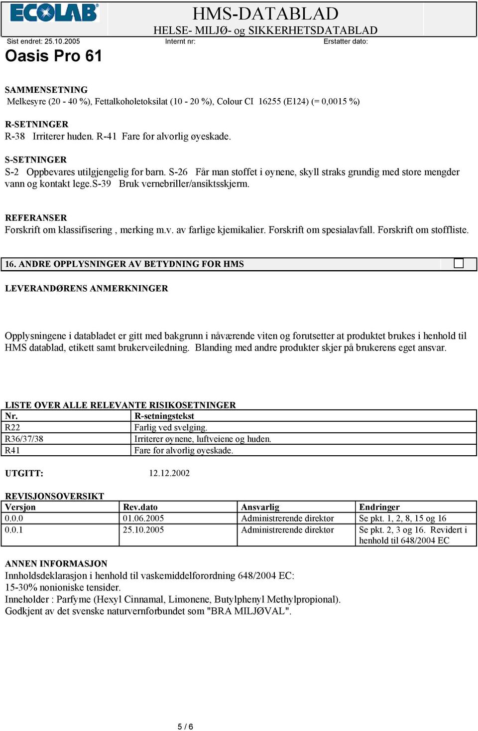 REFERANSER Forskrift om klassifisering, merking m.v. av farlige kjemikalier. Forskrift om spesialavfall. Forskrift om stoffliste. 16.