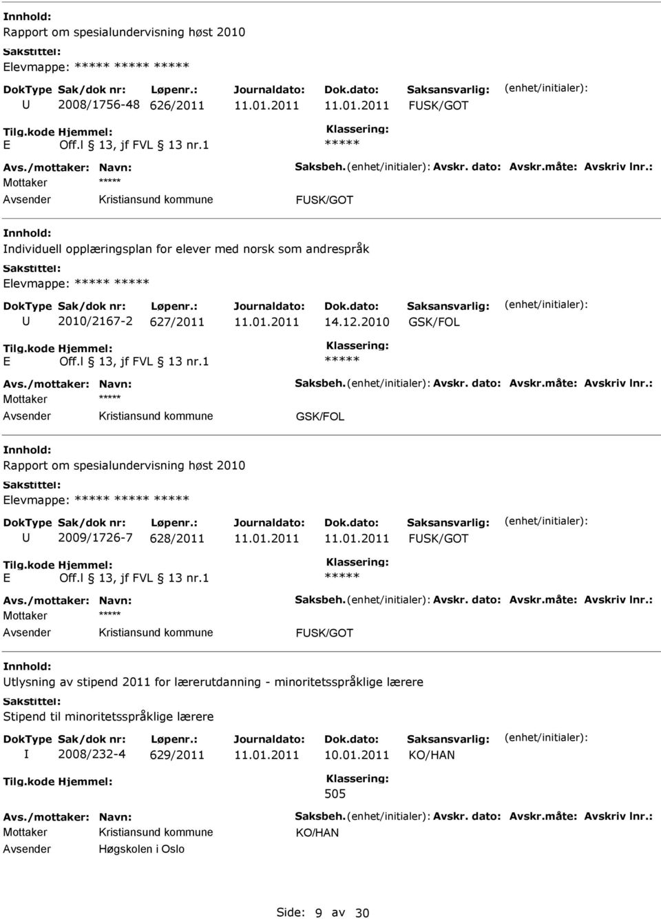 2010 Mottaker Rapport om spesialundervisning høst 2010 levmappe: 2009/1726-7 628/2011 FSK/GOT Mottaker FSK/GOT tlysning av