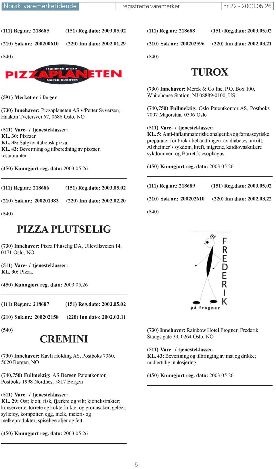 30: Pizzaer. KL. 35: Salg av italiensk pizza. KL. 43: Bevertning og tilberedning av pizzaer, restauranter. (730) Innehaver: Merck & Co Inc, P.O.