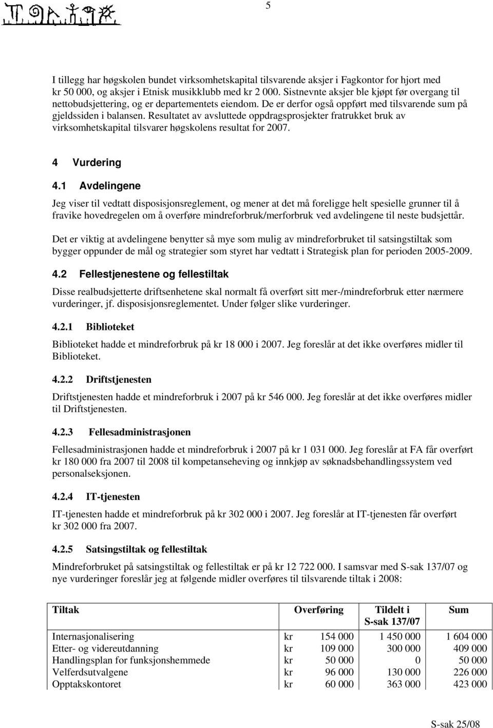 Resultatet av avsluttede oppdragsprosjekter fratrukket bruk av virksomhetskapital tilsvarer høgskolens resultat for 2007. 4 Vurdering 4.