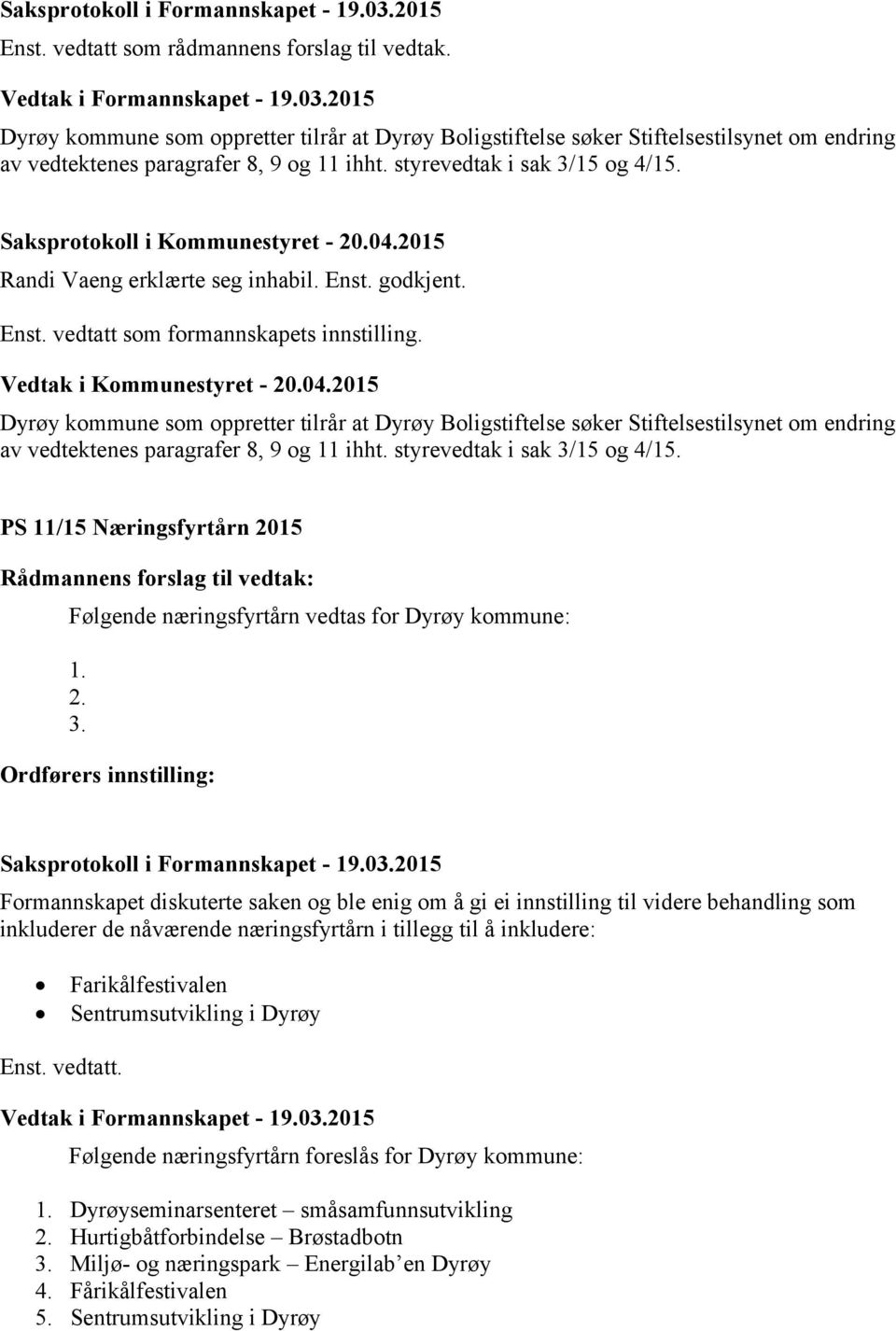 Dyrøy kommune som oppretter tilrår at Dyrøy Boligstiftelse søker Stiftelsestilsynet om endring av vedtektenes paragrafer 8, 9 og 11 ihht. styrevedtak i sak 3/15 og 4/15.