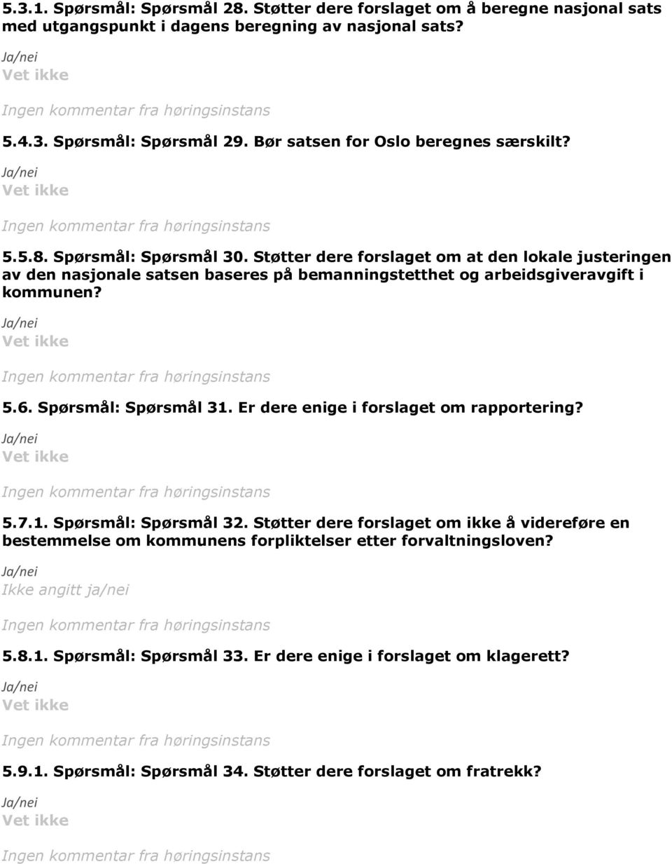 Støtter dere forslaget om at den lokale justeringen av den nasjonale satsen baseres på bemanningstetthet og arbeidsgiveravgift i kommunen? 5.6. Spørsmål: Spørsmål 31.