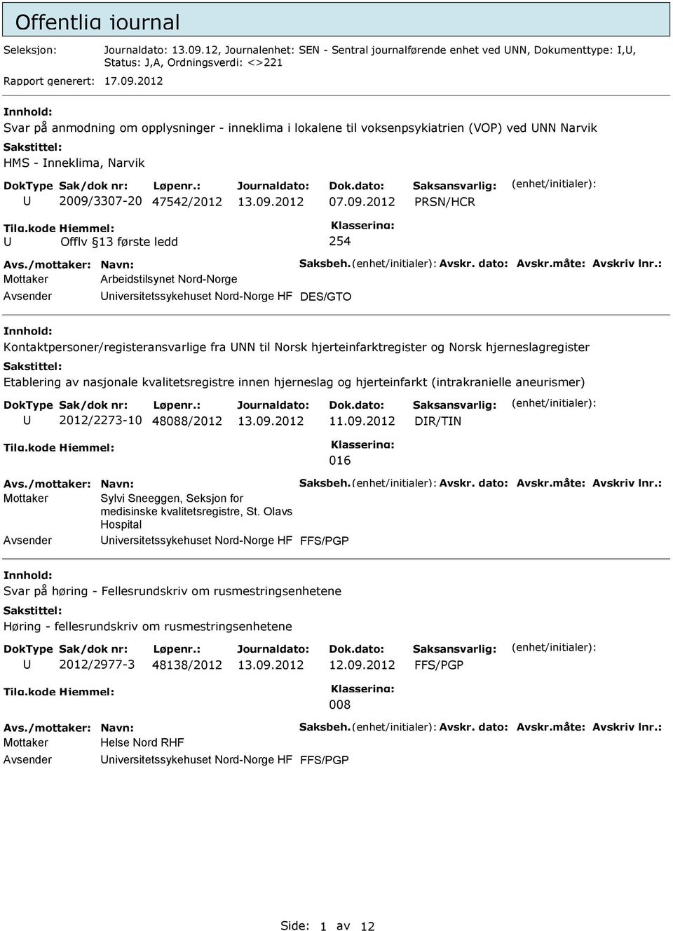 2012 Svar på anmodning om opplysninger - inneklima i lokalene til voksenpsykiatrien (VOP) ved NN Narvik HMS - nneklima, Narvik 2009/3307-20 47542/2012 07.09.2012 PRSN/HCR Offlv 13 første ledd 254 Avs.