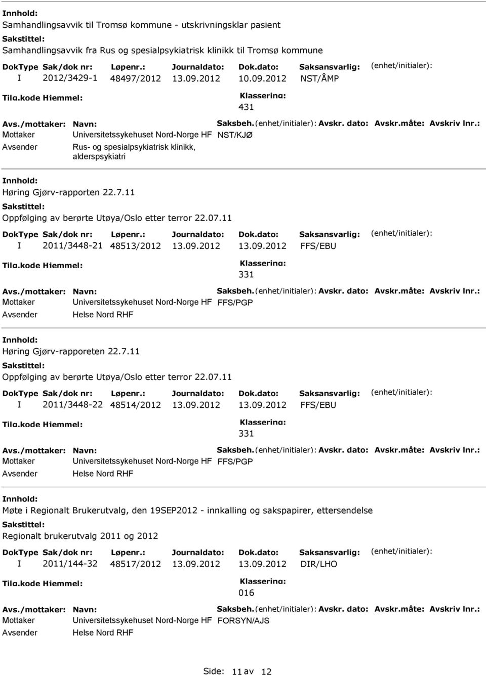 11 Oppfølging av berørte tøya/oslo etter terror 22.07.11 2011/3448-21 48513/2012 FFS/EB 331 Avs./mottaker: Navn: Saksbeh. Avskr. dato: Avskr.måte: Avskriv lnr.