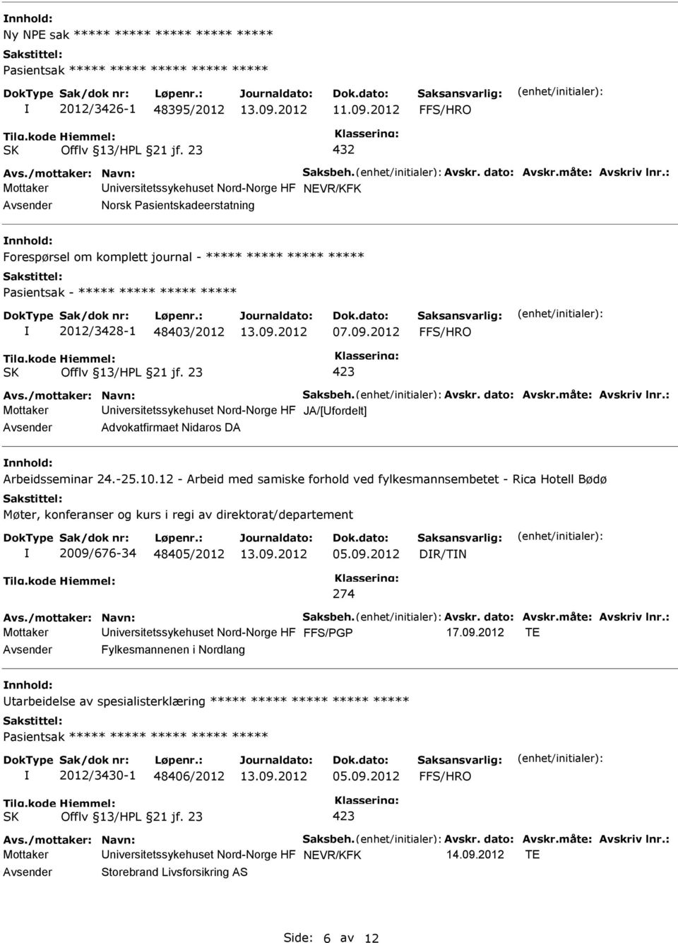 48403/2012 07.09.2012 Avs./mottaker: Navn: Saksbeh. Avskr. dato: Avskr.måte: Avskriv lnr.: Mottaker niversitetssykehuset Nord-Norge HF JA/[fordelt] Advokatfirmaet Nidaros DA Arbeidsseminar 24.-25.10.