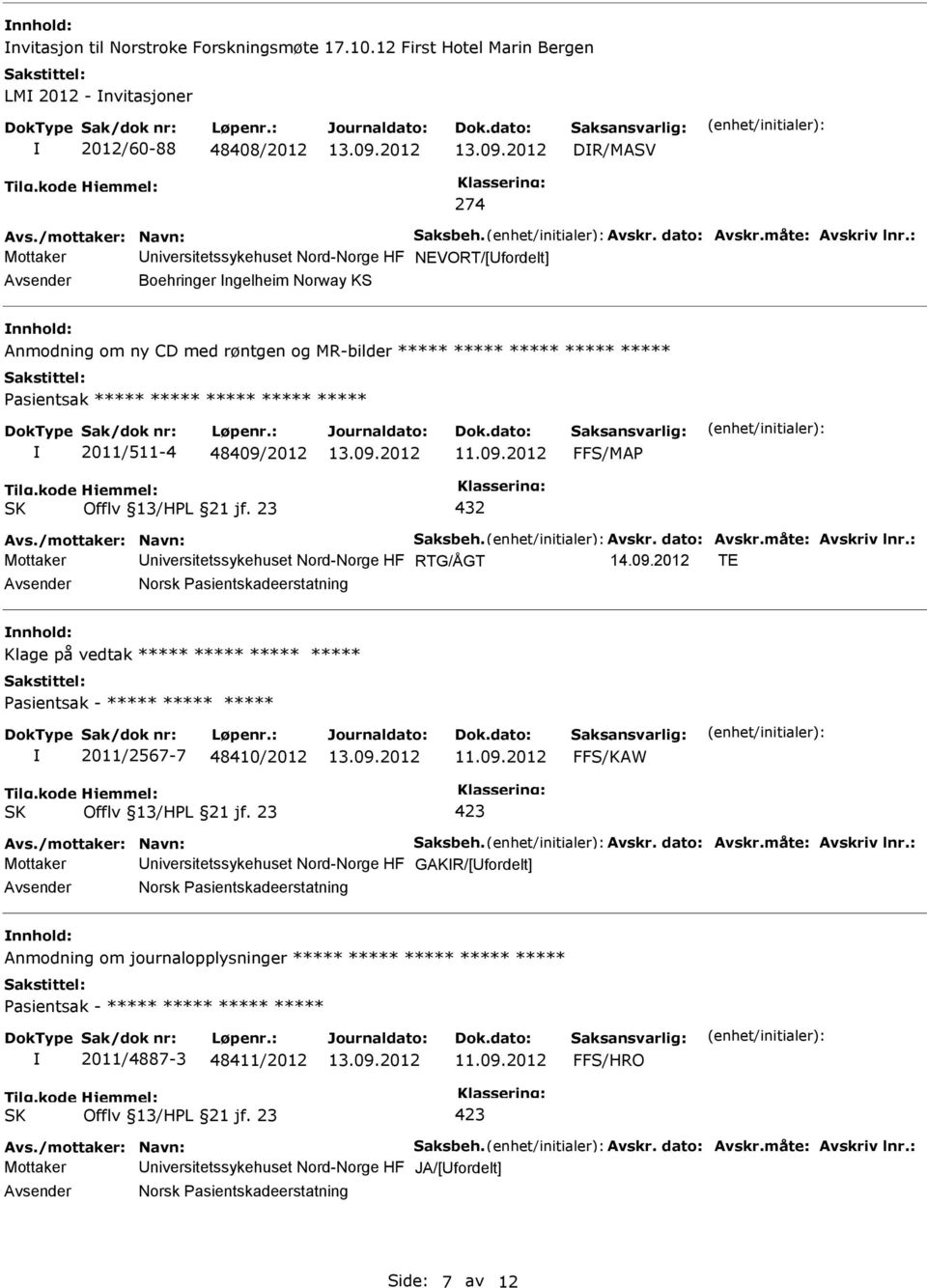 432 Avs./mottaker: Navn: Saksbeh. Avskr. dato: Avskr.måte: Avskriv lnr.: Mottaker niversitetssykehuset Nord-Norge HF RTG/ÅGT 14.09.