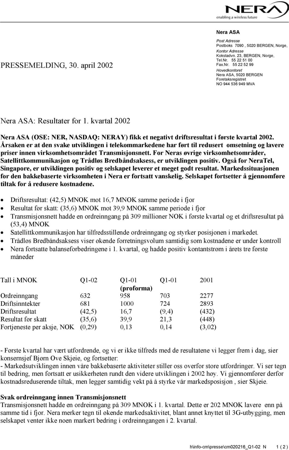 kvartal 2002 Nera ASA (OSE: NER, NASDAQ: NERAY) fikk et negativt driftsresultat i første kvartal 2002.