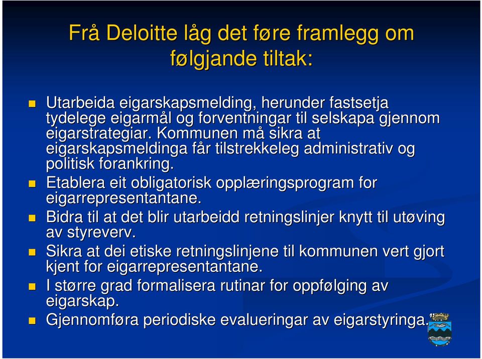 Etablera eit obligatorisk opplæringsprogram for eigarrepresentantane. Bidra til at det blir utarbeidd retningslinjer knytt til utøving av styreverv.